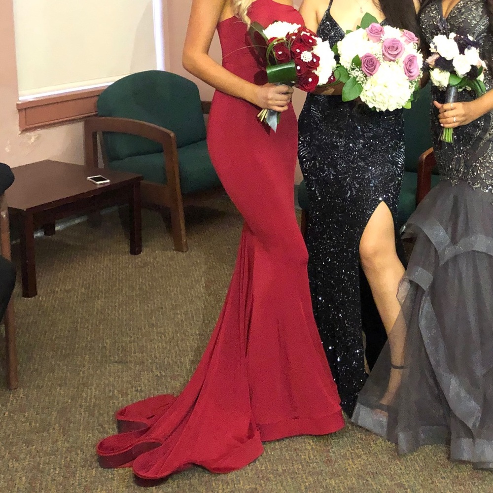 red strapless prom dress